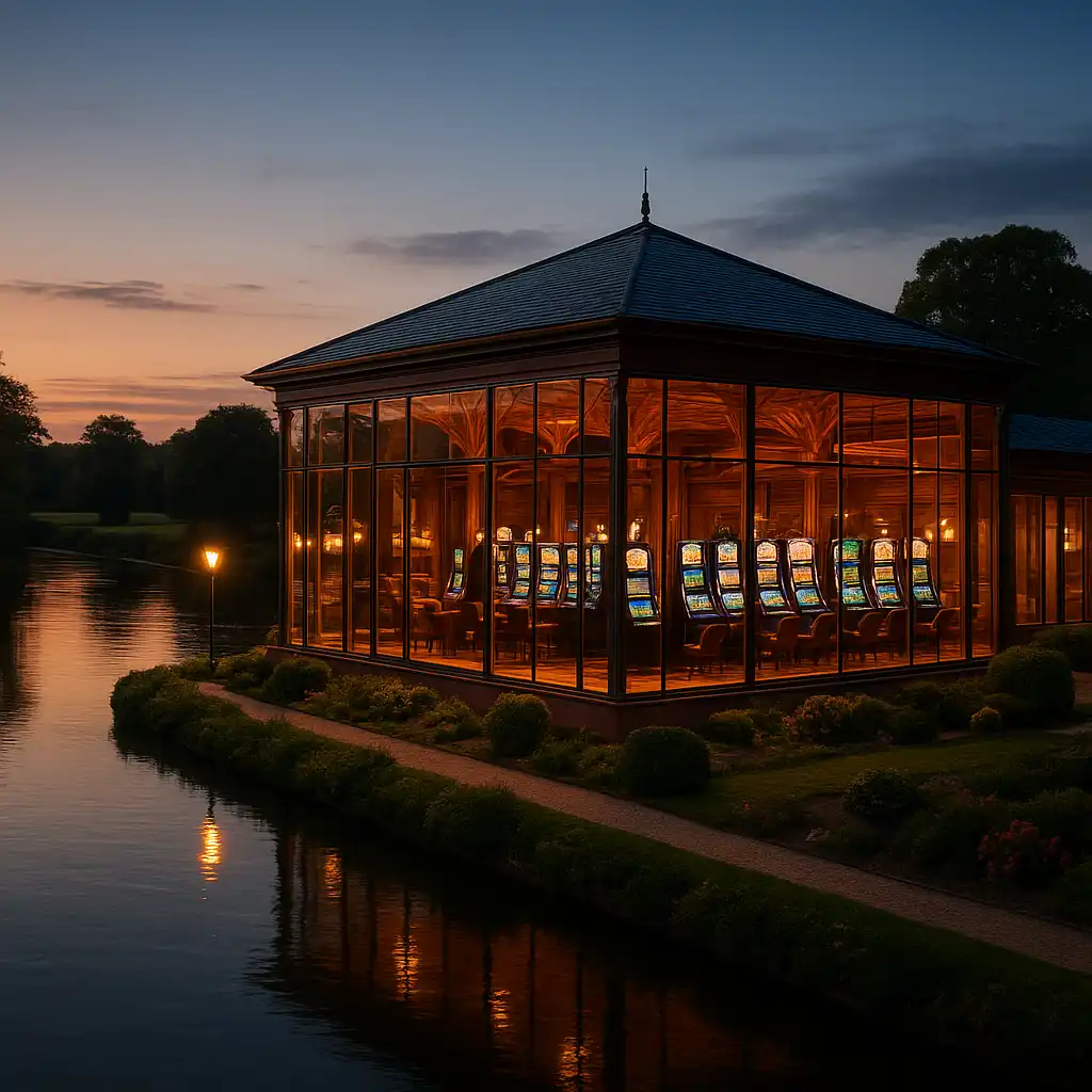 Glass riverside pavilion at BetVeo with oak interiors and evening lights over the water