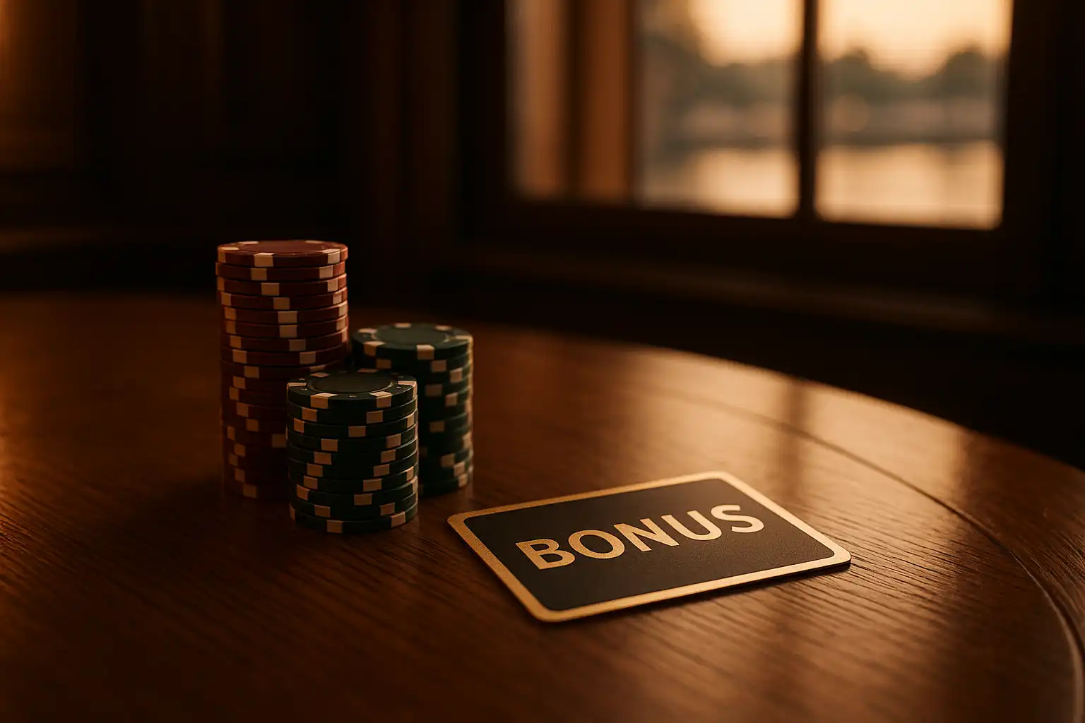 Oak table set with casino chips and a bonus card beside the BetVeo riverside pavilion window