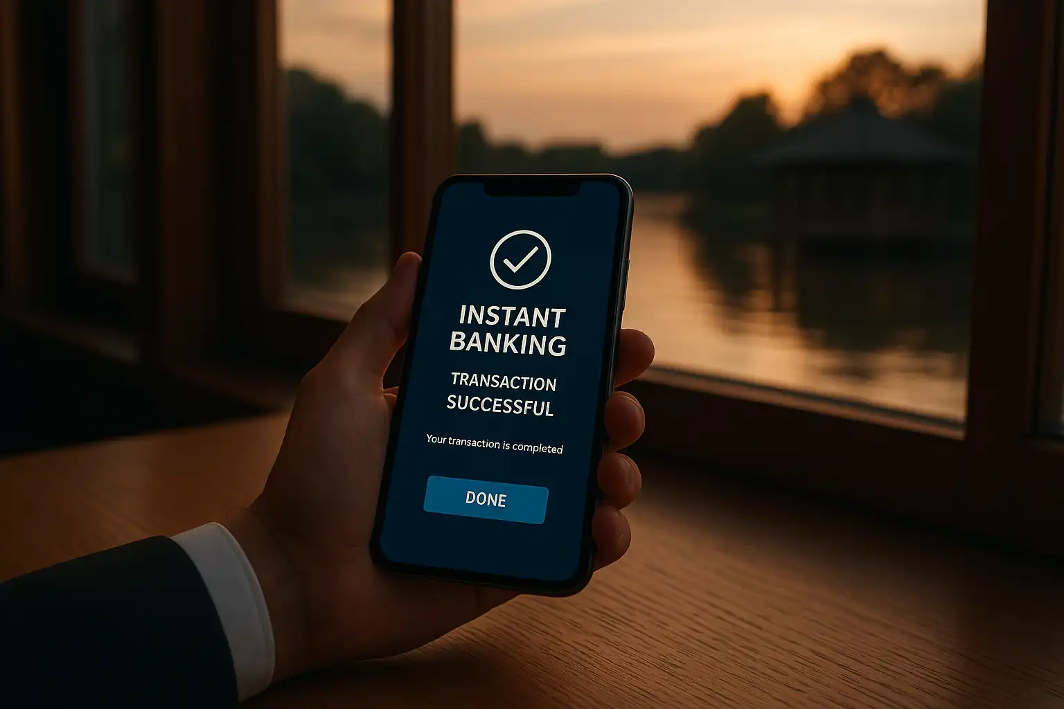 Mobile banking screen beside a riverside pavilion window showing an instant Pay n Play deposit confirmation
