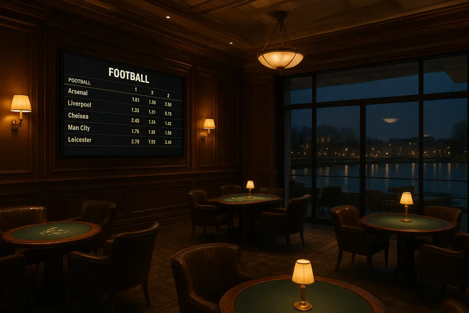 Riverside pavilion lounge with a sportsbook betting screen showing football fixtures